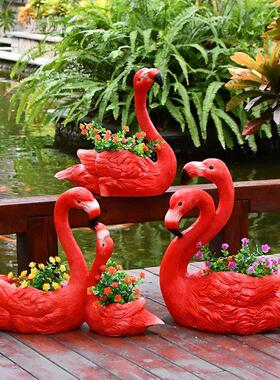 户外庭院卡通动物火烈鸟雕塑花园装饰幼儿园园林景观树脂花盆摆件