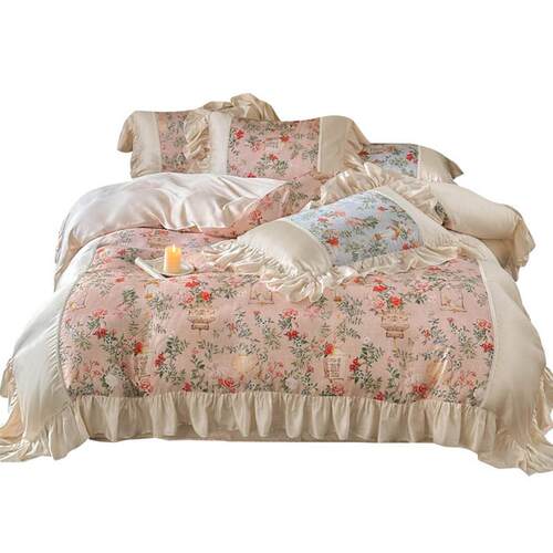 法式少女心凉感天丝双面四件套春夏季数码印花浪漫被套床上用品 - 图3