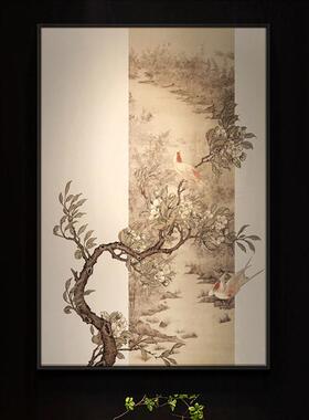 梨花双燕新中式餐厅山水花鸟装饰画板房软装样客厅大气挂画