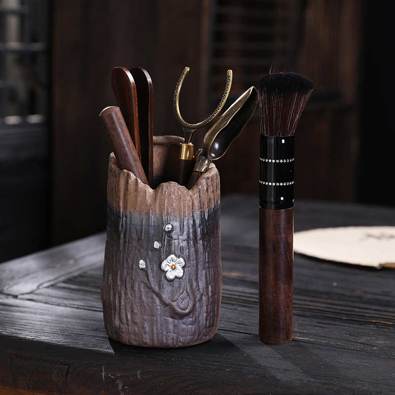 Free shipping gilded iron glaze tea ceremony Six Gentlemen tea cylinder storage jar ceramic jar Kung Fu tea set accessories tea clip tea needle knife