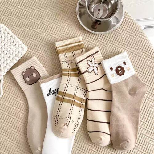 Womens 5 Pairs Colorblock Stripped Star Print Crew Socks - 图2