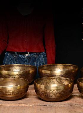 藏村佛音颂钵尼泊尔手工铜钵音碗雕花颂钵磬钵音钵盂瑜伽钵摆件