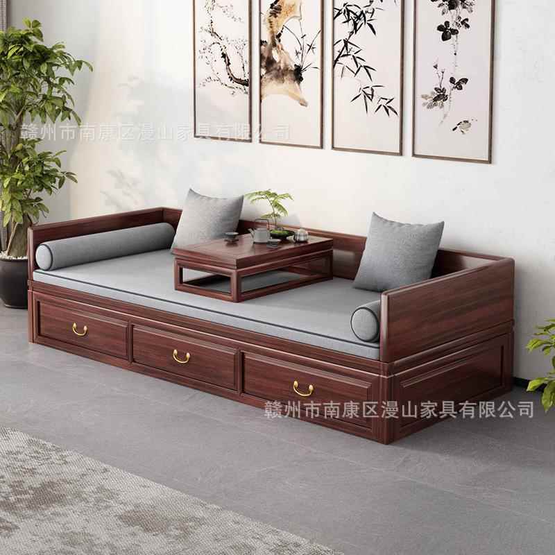 新中式罗汉床实木花梨木推拉床客厅贵妃榻伸缩储物带抽屉箱沙发床 - 图1