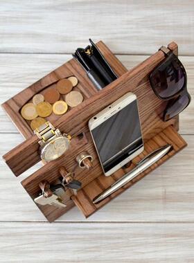 创意懒人实木手机底座 多功能可挂手表眼镜钥匙饰品桌面收纳支架