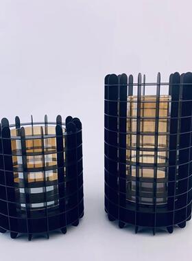 现代简约几何艺术网格镂空金属花瓶样板间客厅插花器软装饰品摆件
