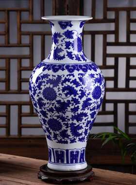 釉摆件下时尚陶瓷缠装饰酒柜莲花瓶枝古典花瓶彩青花瓷工艺品现代