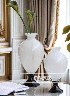 法式白色透明小口大肚子高脚中古风艺术手工玻璃花瓶台面落地摆件