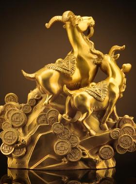 Bylure三羊开泰全铜领头羊摆件领导办公室客厅玄关酒柜家居装饰品