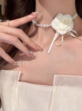 山茶花朵珍珠颈链choker项圈女颈带项链锁骨链绑带脖子系花配饰
