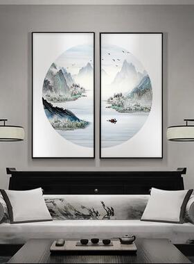 新中式挂画茶室背景墙装饰画水墨画书房山水画客厅饭厅组合玄关画