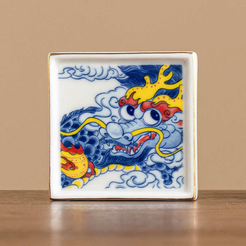 兴隆祥龙描金四方杯碟陶瓷盖置茶托家用功夫茶具盖子托杯垫隔热垫 - 图2