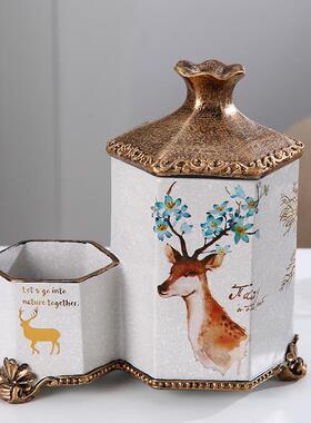 多功能纸巾盒摆件美式创意卷纸抽纸盒客厅茶几收纳盒复古插花笔筒