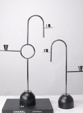 现客代PUY轻奢黑色金属N型线条蜡烛烛台摆样板间厅桌餐桌面设装饰