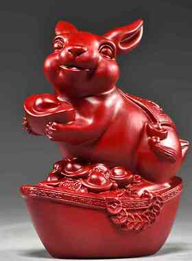 红色实木雕刻兔子摆件木头十二生肖木兔家居客厅装饰红木工艺品