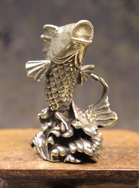 实心纯黄铜鲤鱼跃龙门桌面小摆件家居招财风水年年有鱼跳龙门茶宠