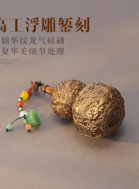 纯铜小葫芦桌面摆件紫铜车载挂件福禄龙纹浮雕手把件家居客厅装饰