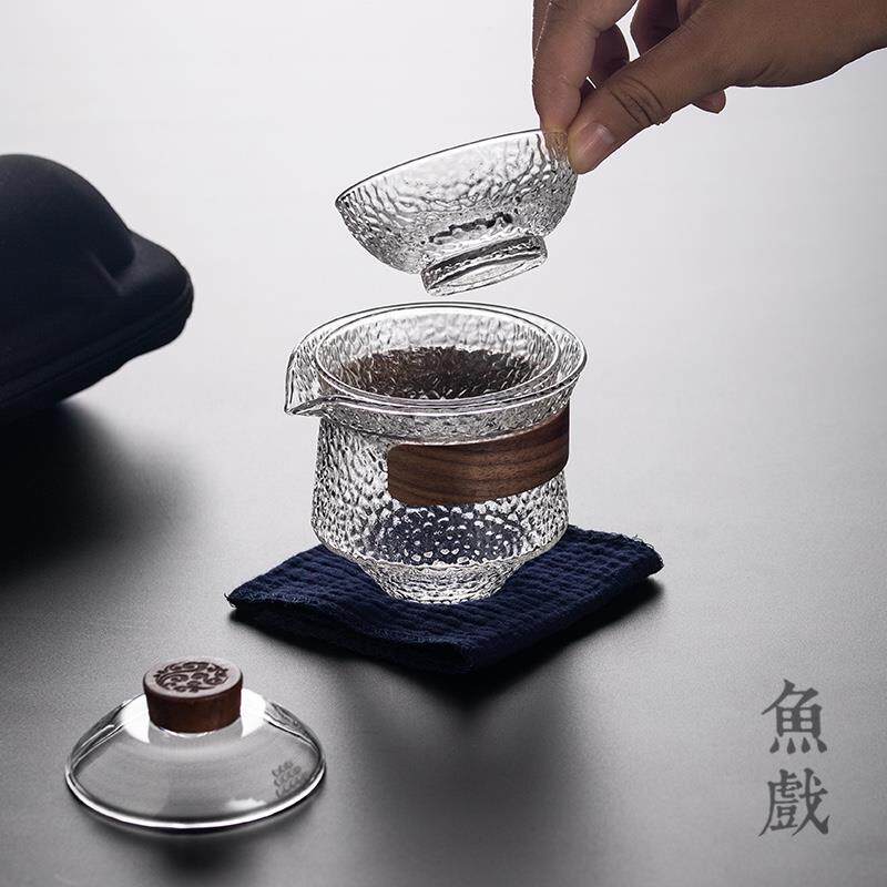 High-end fish glass bubble cup, portable travel tea set, one pot, two tall cups, quick cup, temperature-resistant tea cup, Kung Fu tea set
