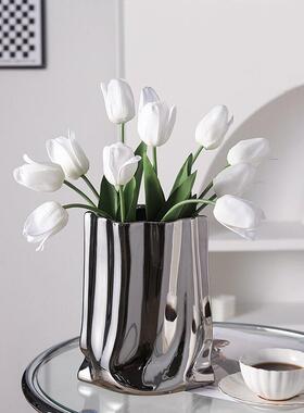北欧轻奢电镀银色陶瓷花瓶高档插花器家居客厅餐桌花艺装饰品摆件