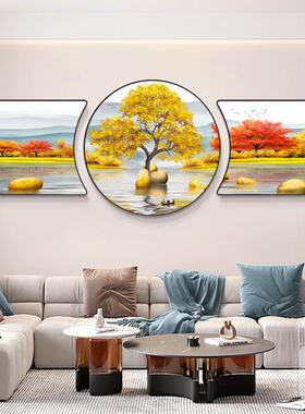 背靠金山客厅装饰画福禄麋鹿发财树沙发背景墙山水风景壁画三联画