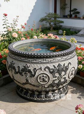 石雕鱼缸花盆庭院花园天然青石缸圆形荷花水槽流水造景仿古门海