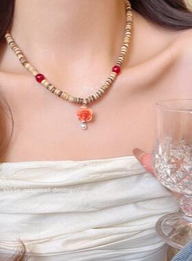 新中式复古民族风玫瑰花珍珠项链女小众中古风干花吊坠锁骨链颈链