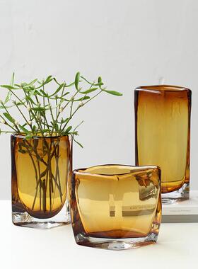 现代轻奢厚重扁形方口琉璃花瓶样板房客厅酒店软装异形几何摆件