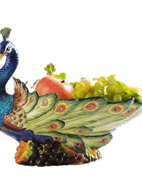 黎采《富贵吉祥》手绘陶瓷孔雀大果盘新中式欧式客厅餐桌家用装饰
