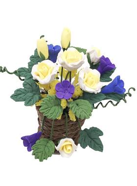 1:12迷你娃娃屋dollhouse花卉微缩花园客厅摆件编织篮黄玫瑰花盆