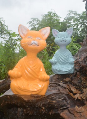 新款直销跨境新款冥想动物打坐小猫树脂摆件坐禅猫花家居园装饰树
