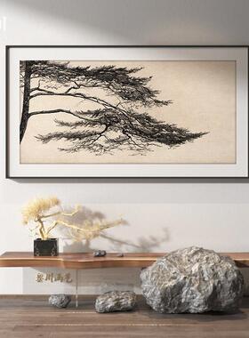 新中式黄色中国风松树古典客厅餐厅装饰画卧室背景墙壁画横版挂画