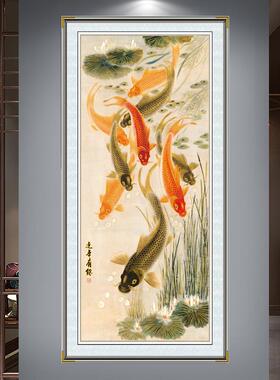 新中式九鱼浮雕描金锦鲤荷花装饰画客厅玄关挂画工笔画带框挂画