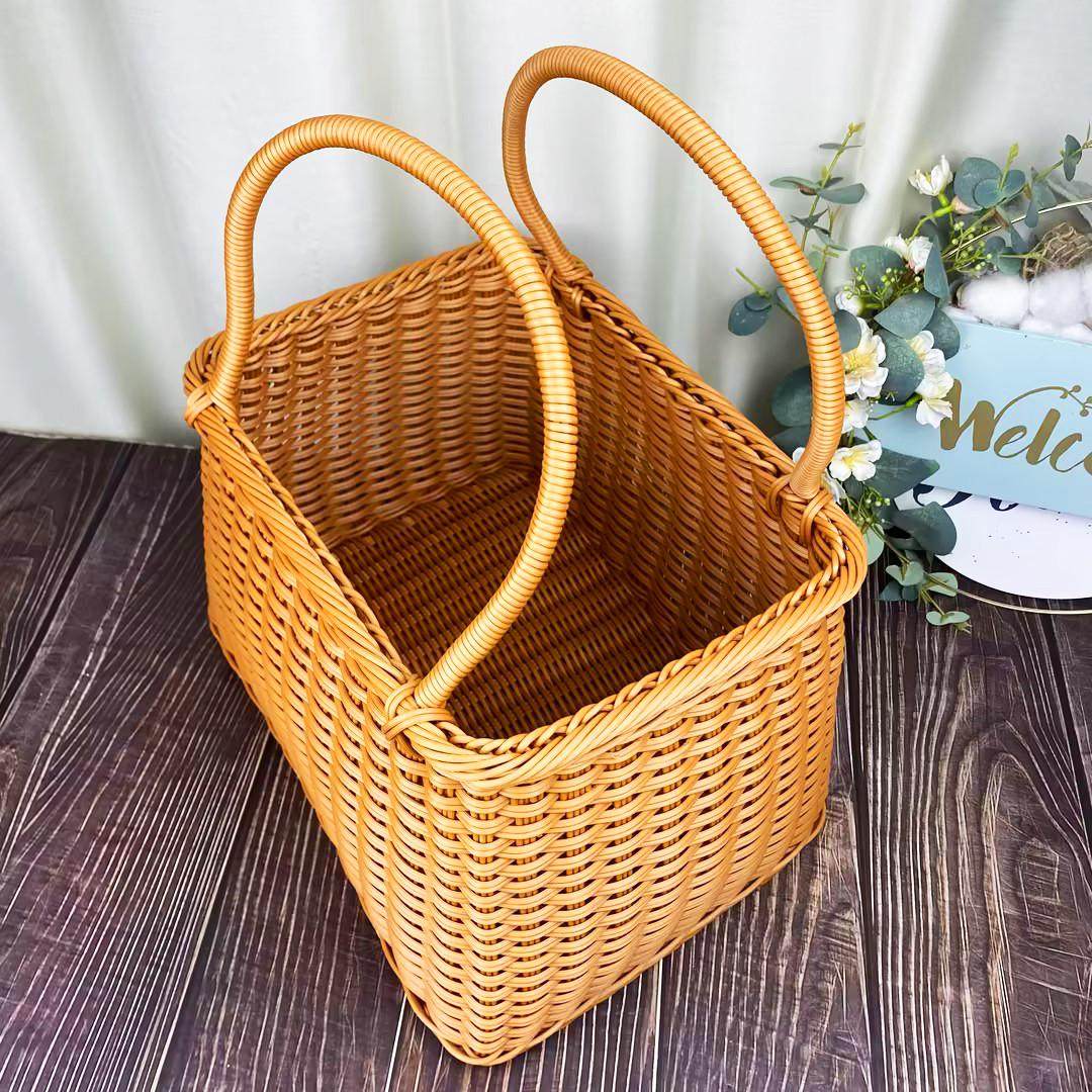 LX116户外手提方形菜篮子茶色椭圆购物菜篮篮简约野餐篮37*27*26 - 图3