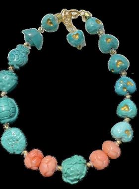 天然原矿高瓷绿松石多宝手链单圈手串珠链 瓷釉级玻璃瓷搭配18k金