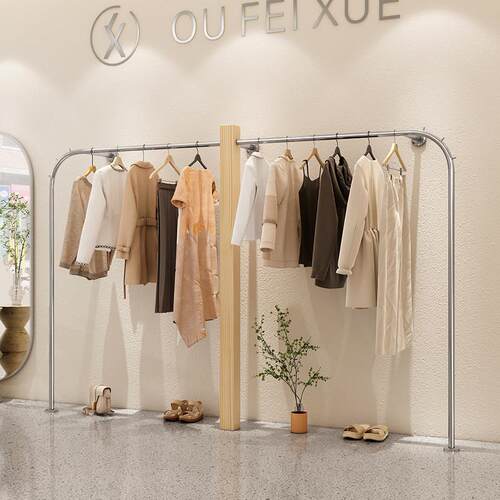 网红服装店实木货架落地女装店上墙展示架不锈钢落地挂衣架陈列架 - 图0