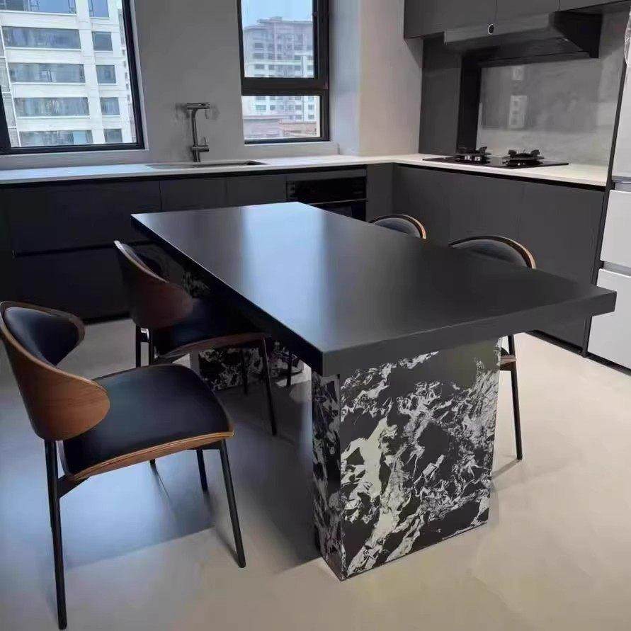 意式纯黑下挂岩板餐桌椅组合包豪斯风大坪数简约现代长方形茶书桌,淘宝优惠券,粉丝福利购,淘宝优惠卷