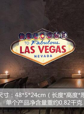 新款直销工业风跨境铁皮画挂饰拉斯维加斯风格带灯迎牌酒吧墙面装