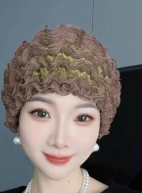 春夏季蕾丝花边薄款妈妈帽遮白发包头帽防尘遮阳时尚防风帽光头帽