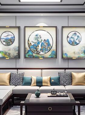 千里江山客厅装饰画新中式沙发背景墙高端刺绣挂画立体苏绣三联画