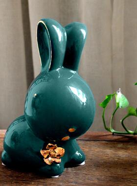 高档景德陶瓷描金兔兔摆件萌镇可哒爱风送礼礼萌物北欧风生肖兔