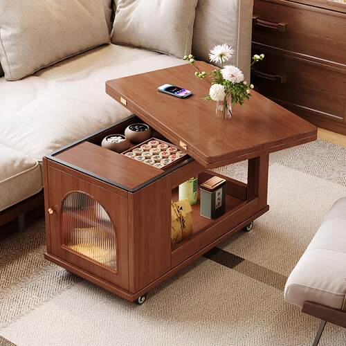 实木折叠茶几可移动茶水柜小户型客厅茶桌家用沙发边柜小推车边几 - 图1