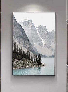 新中式山水湖泊装饰画现客厅风景山脉大幅壁画入户玄关竖版挂画