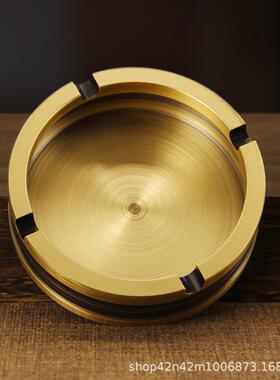 创意黄铜烟缸0大号带盖形圆家用客厅办室新中式山水灰烟缸铜摆公
