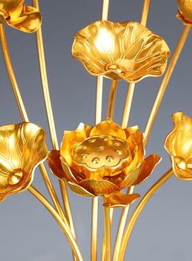 手工鎏金供佛花瓶莲花佛堂彷真花束假花鎏金荷花彩绘家居供佛摆件