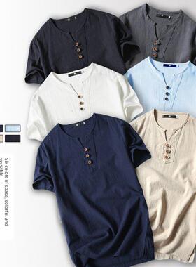 Summer T Shirts Men Short Sleeve Cotton Linen T-Shirt 5XL