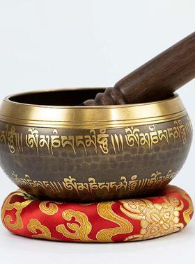 尼泊尔手工佛音碗瑜伽颂钵音疗六字梵文经文静心钵瑜伽铜盂摆件