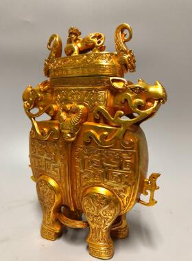 复古纯铜鎏金仿金牛尊摆件 黄铜工艺品 文创市集仿旧藏古玩老物件