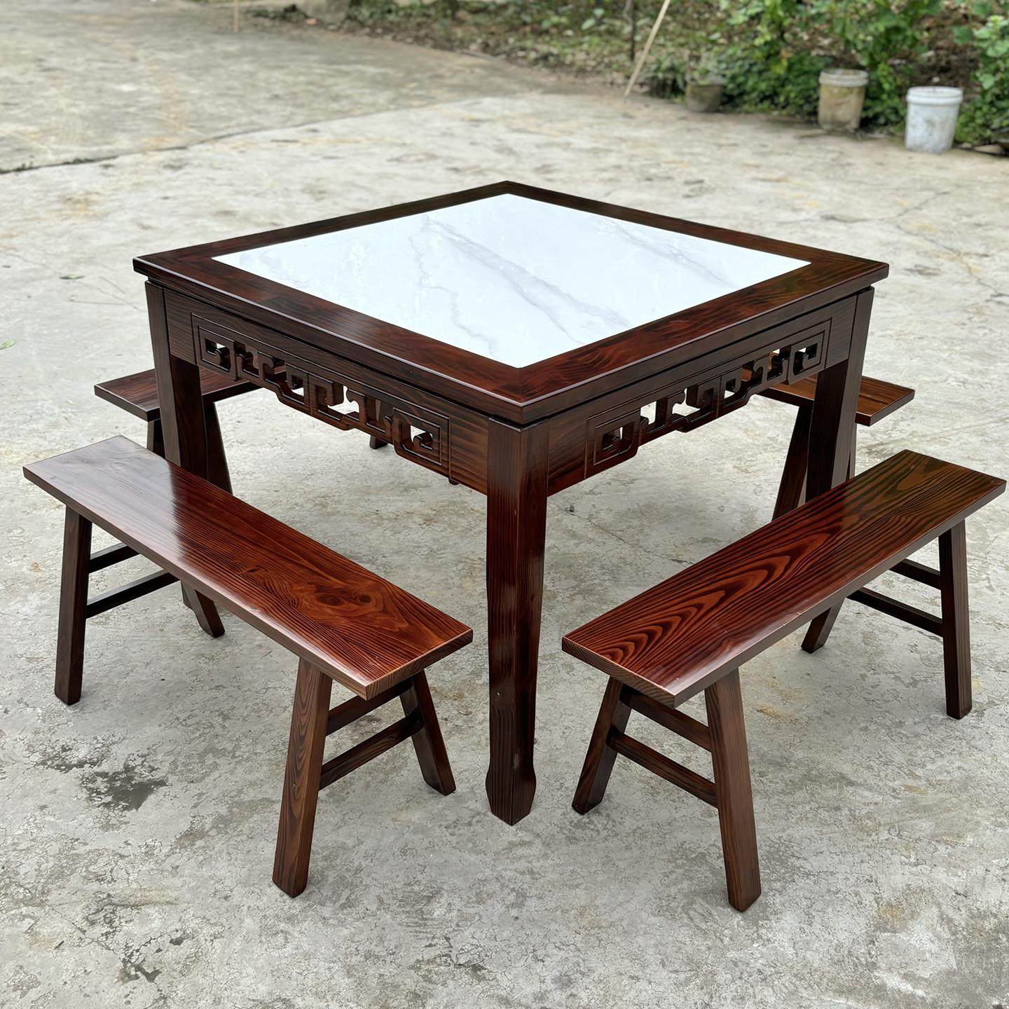 雕花实木岩板八仙桌彷古正方形餐桌休闲 农场饭店面馆商用桌子凳,淘宝优惠券,粉丝福利购,淘宝优惠卷