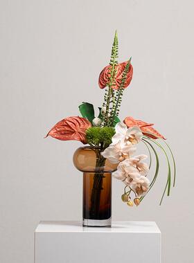 现代轻色仿真花艺干花高级感咖色艺术玻璃摆件客厅花艺饰品摆设