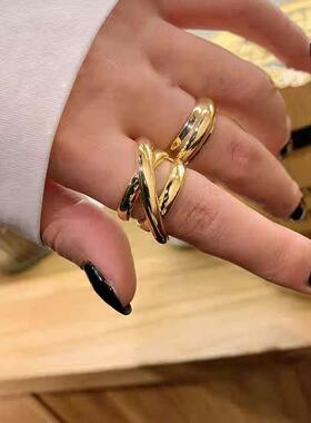 韩国重工金色几何线条戒指女复古个性夸张百搭学生简约开口食指戒