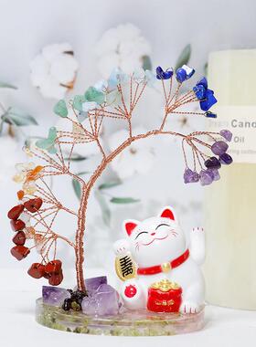 小猫发财树水晶工艺品小巧精美车载居家摆件七彩发财树工艺礼品
